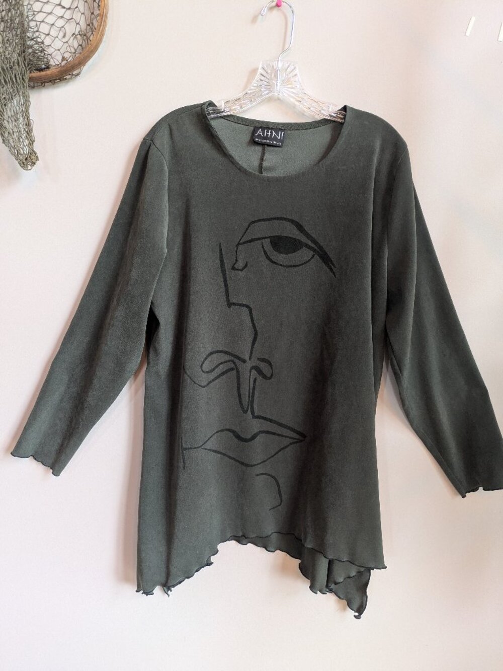 ahni olive green faux suede top long sleeve asymmetrical size 2 made in USA #655